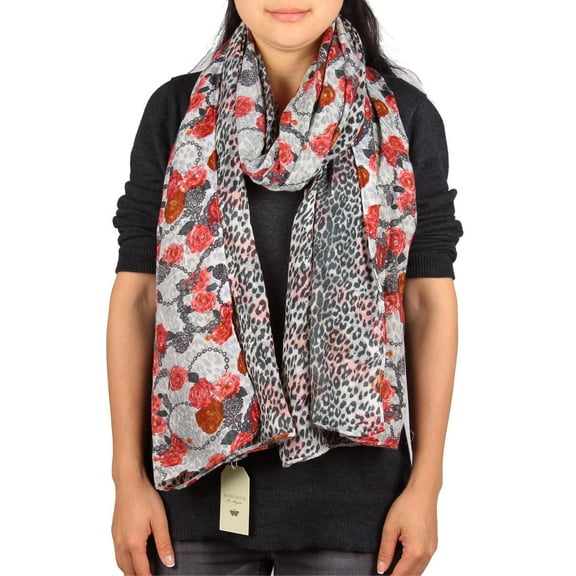 Richie House Women's Reversible Snow Leopard Print and Roses Scarf Rh0500