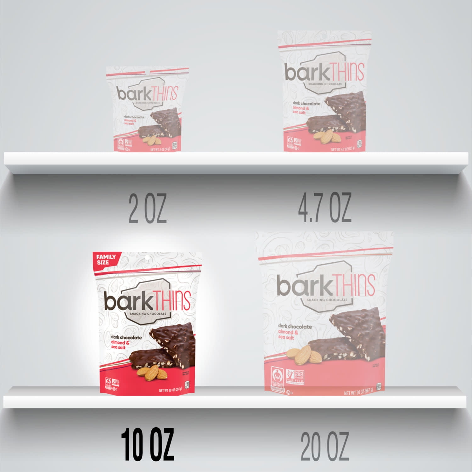 Barkthins Dark Chocolate, Almond and Sea Salt Snacking Chocolate, Family Bag 10 oz