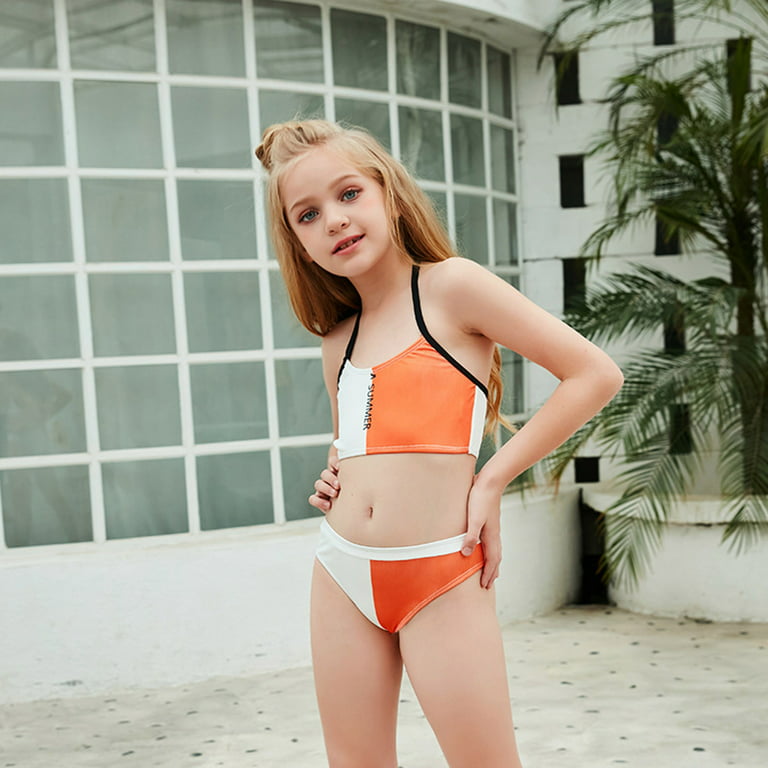 Cathalem Swim Shorts for Girls 10 12 Solid Matching Holiday Casual Color  Piece Bikini Swimwear Tow Girls Cute Preppy Bathing Suit Swimwear Orange 140