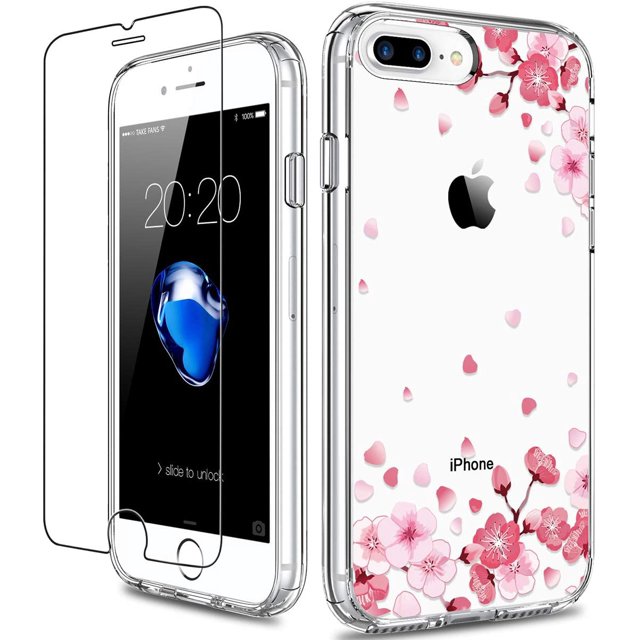 FYBTO Étui iPhone 8 Plus, Étui iPhone 7 Plus avec Protecteur d'Écran, Étui Protectrice Transparente Robuste Florale pour Filles Femmes Étui Rigide PC avec Pare-Chocs TPU pour iPhone 8 Plus, Petit