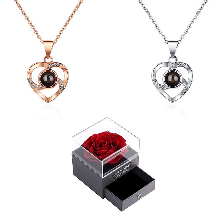 Gifts for Mom Preserved Real Rose with Necklace Gift Set, Sterling Silver Love Heart Cubic Zircon Pendant Necklace with Gift Box A, Women's, Size: One