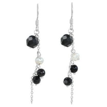 Sparkling String of Black Crystal Beads & Pearl Sterling Silver Dangle Earrings