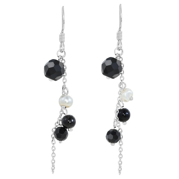 Sparkling String of Black Crystal Beads & Pearl Sterling Silver Dangle Earrings