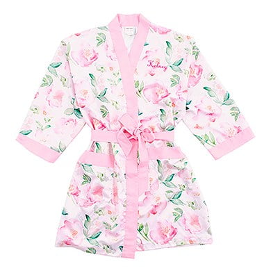 Medium Pink Watercolor Floral Silky Kimono Robe on Pink
