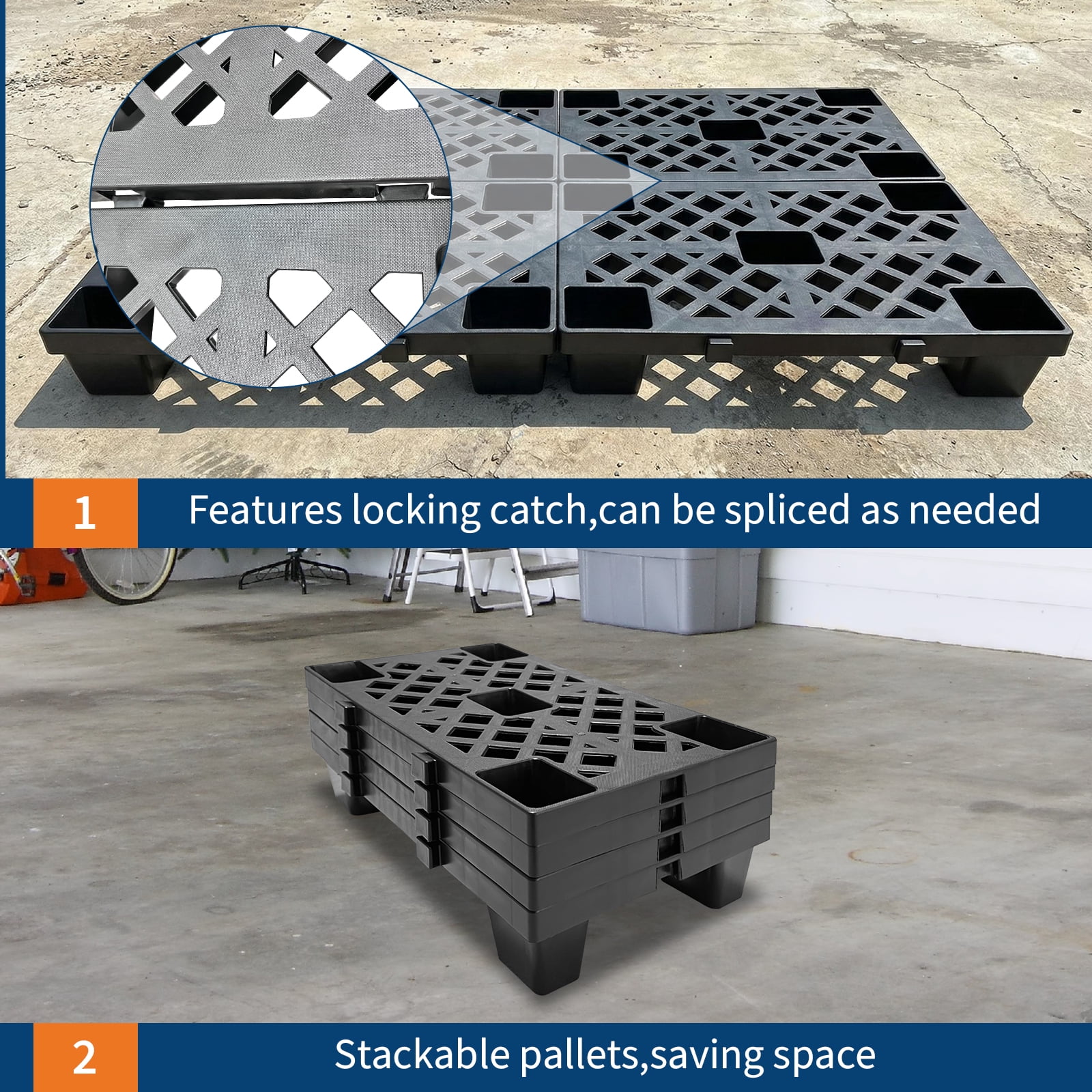 Gaderth Black Plastic Pallets, Interlocking & Nestable Floor Tiles, Nestable Polyethylene Pallets, Heavy Duty HDPE Grid Pads for Garage, Basement, Warehouse, 19.7" x 11.8" x 3.9"