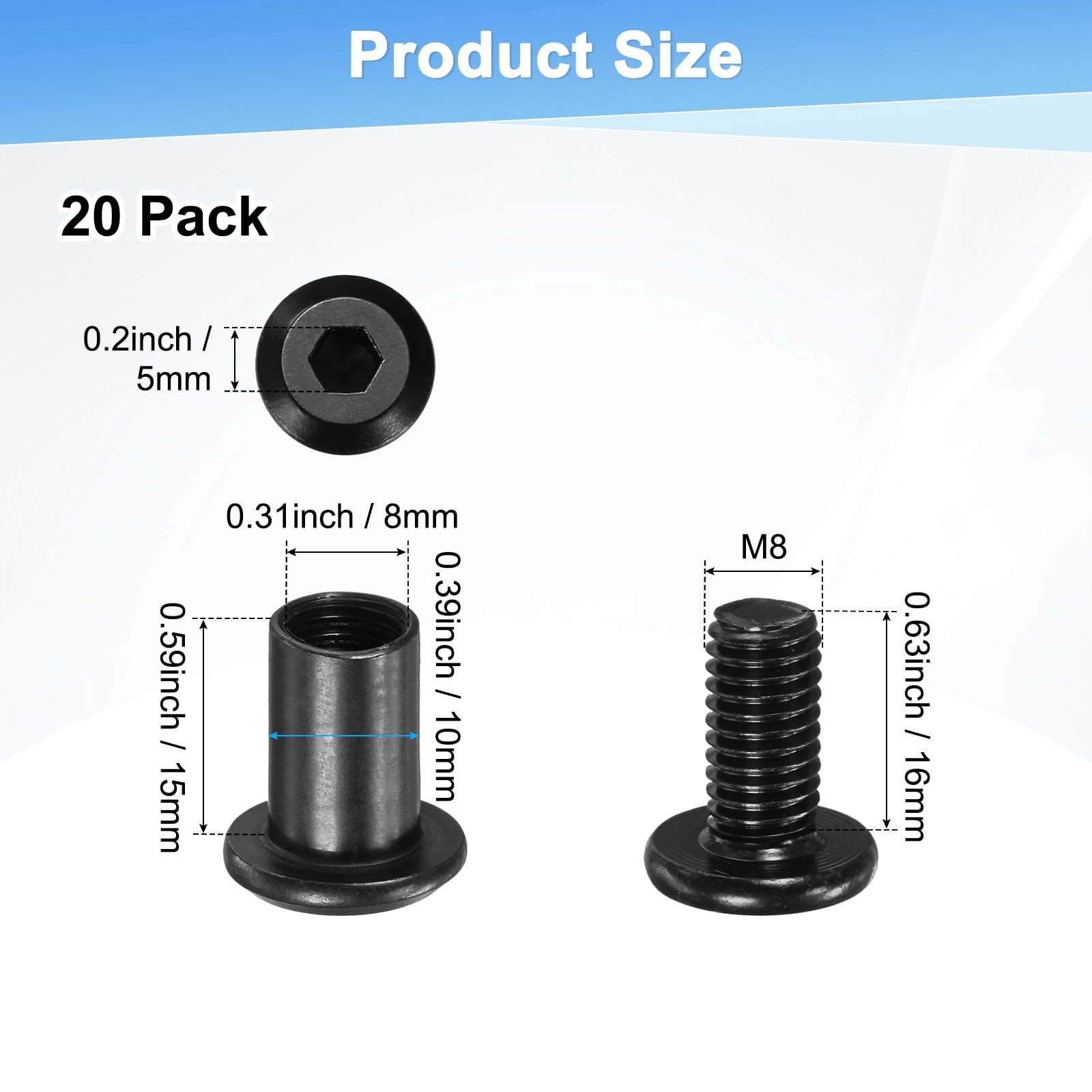 Uxcell 20-Pack Hex Drive Socket Cap Bolt M8 x 16mm Carbon Steel for Furniture