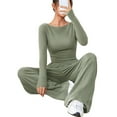 thumbnail image 3 of Women'S 2 Piece Matching Lounge Set Long Sleeve Boat Neck Top Wide Leg Pants Casual Sweatsuit Bean Green L, 3 of 9