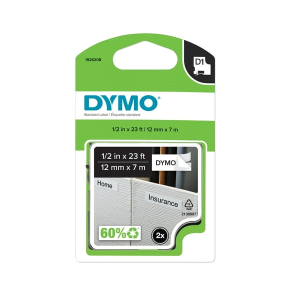DYMO Authentic D1 Labels For LabelManager Label Makers, 1/2-Inch x 23-Foot Roll, Black Print on White Tape, Self-Adhesive, 2-Pack