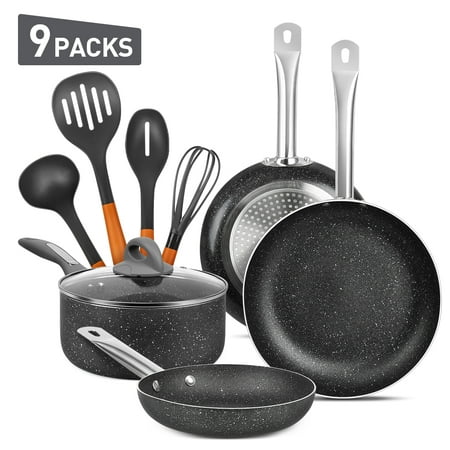 DUKE'S HOME 9 PCS Nonstick Cookware Set Stone-Derived Ceramic Coating, Maifan Stone Cookware Set with Frying Pans, Source Pan and 4-Pcs Kitchen utensils, Hangable Handle, for Gas, Electric and