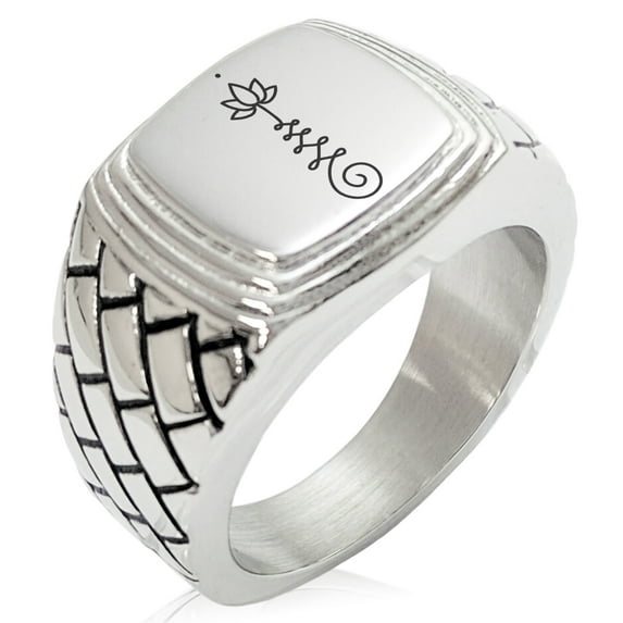 Stainless Steel Sacred Lotus Unalome Geometric Pattern Step-Down Biker Style Polished Ring