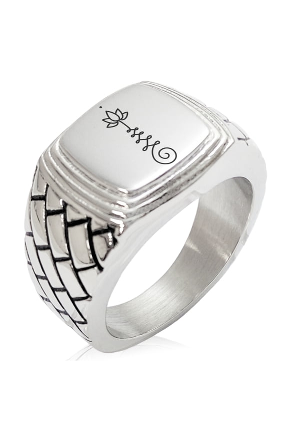 Stainless Steel Sacred Lotus Unalome Geometric Pattern Step-Down Biker Style Polished Ring