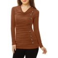 thumbnail image 3 of Women's Cowl Neck Long Sleeves Buttons Decor Ruched Top, 3 of 6