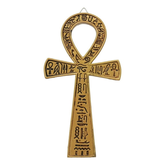 Ebros Small Crux Ansata Egyptian Golden Ankh Wall Decor Figurine 7.25" Long New Age Mysticism With Egyptian Hieroglyphs Symbol of Life Health Stability And Balance