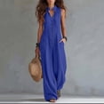 thumbnail image 2 of VBVC Women's Cotton Linen Button Front Jumpsuit , Sleeveless Baggy Overall For Women , Ladies' Summer Wide Leg Romper with Pockets, Blue , S-2XL, 2 of 8