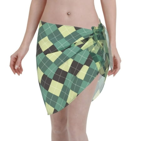 Disketp Green Squares Women Swimsuit Cover Up Short Chiffon Summer Beach Sarong Bikini Wrap Skirt Bathing Suit