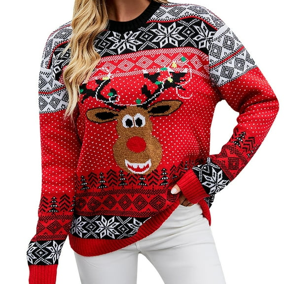 Arlun Christmas Sweaters for Women Funny Reindeer Pattern Xmas Holiday Casual Crewneck Pullover Sweater Trendy Warm Soft Cozy Long Sleeve Loose Print Work Tops Red XL