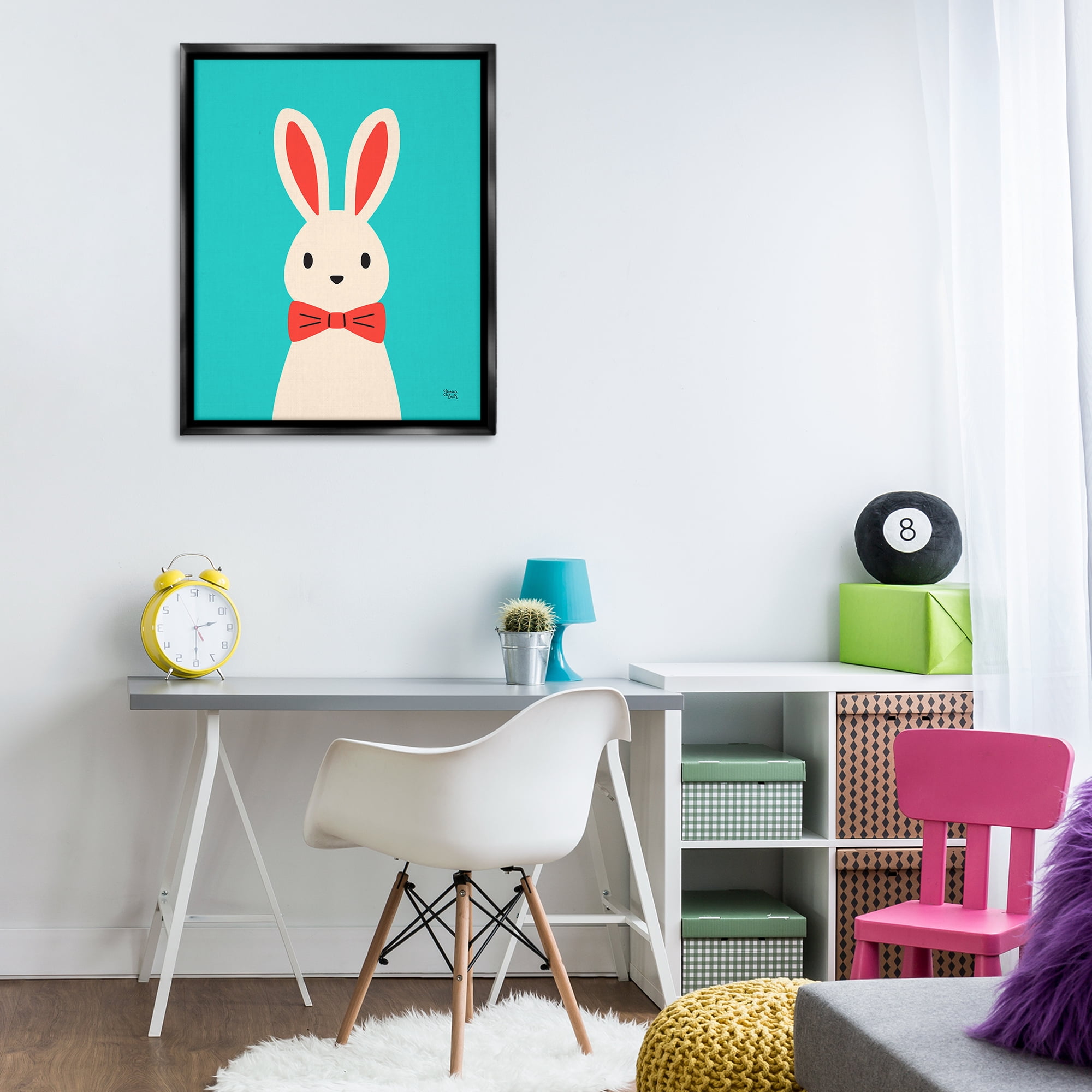 Stupell Industries Rabbit & Bowtie on Turquoise Animals Painting Black Floater Framed Canvas Art Print Wall Art, 25 x 31
