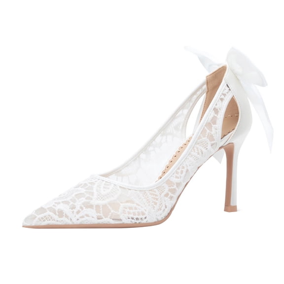 Women Pointed Toe Stiletto High Heels 8.5CM Bow White Lace Tulle Openwork Wedding Evening Party
