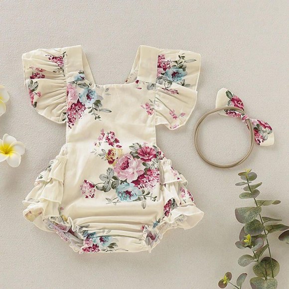 Ensemble Floral pour Bébés Filles Combinaison à Manches Évasées avec Bandeau Été
