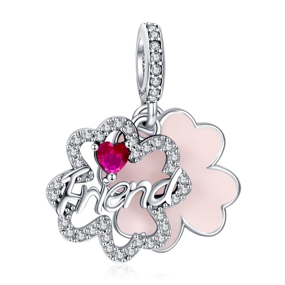 ROSIANNA 925 Sterling Silver Charm for Bracelets Lucky Four Leaf Clover Friendship Ruby Charm Women Bracelet Charm