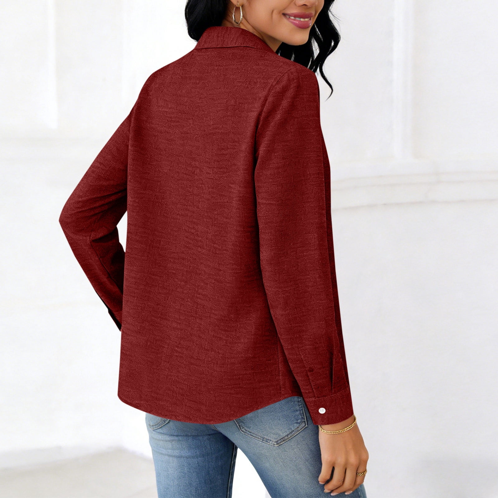 Wsyxszg Women's Collared Button Down 3/4 Sleeve Shirt Curved Hem