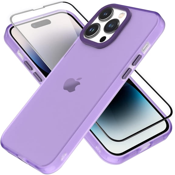 for iPhone 14 Pro Max Case Cute Crystal Luxury Back Clear & Matte Bumper Silicone Shockproof Protective Case for Girls Women Screen Protector iPhone 14 Pro Max Case -Purple