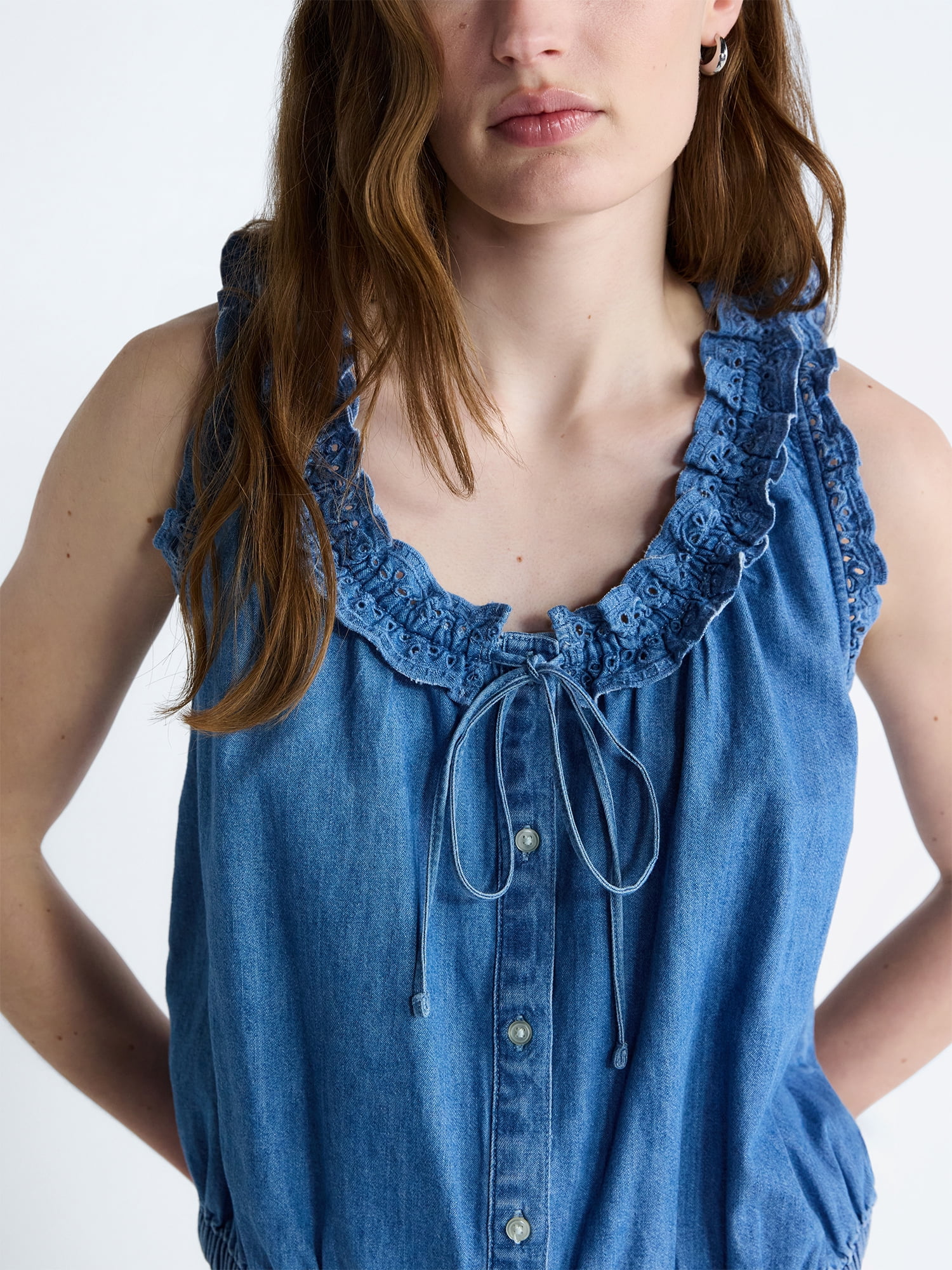 Free Assembly Eyelet Ruffle Sleeveless Chambray Top, Sizes XS-XL