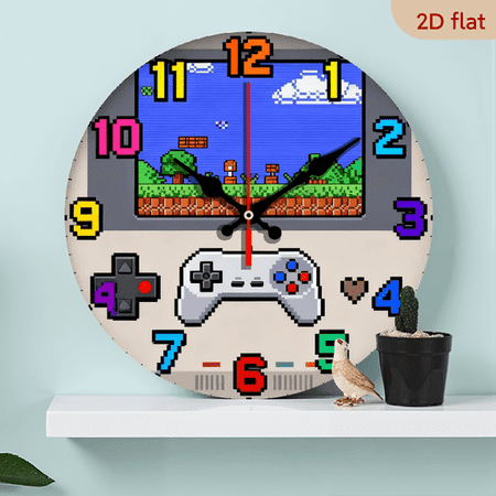 Game Pixels MDF Wood 10in Round Wall Clock, Silent Non-Ticking Battery Operated, Modern Home Art Decoration Wall Decor, Ideal Gift for Festivals and Birthdays