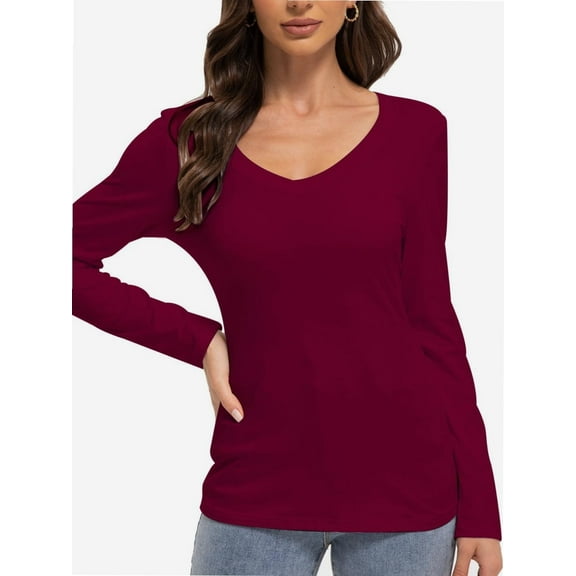 Women's Long Sleeve V-Neck T-Shirt - Fitted Basic Tee, Stretchy Sexy Tight Top, Solid Casual Shirt