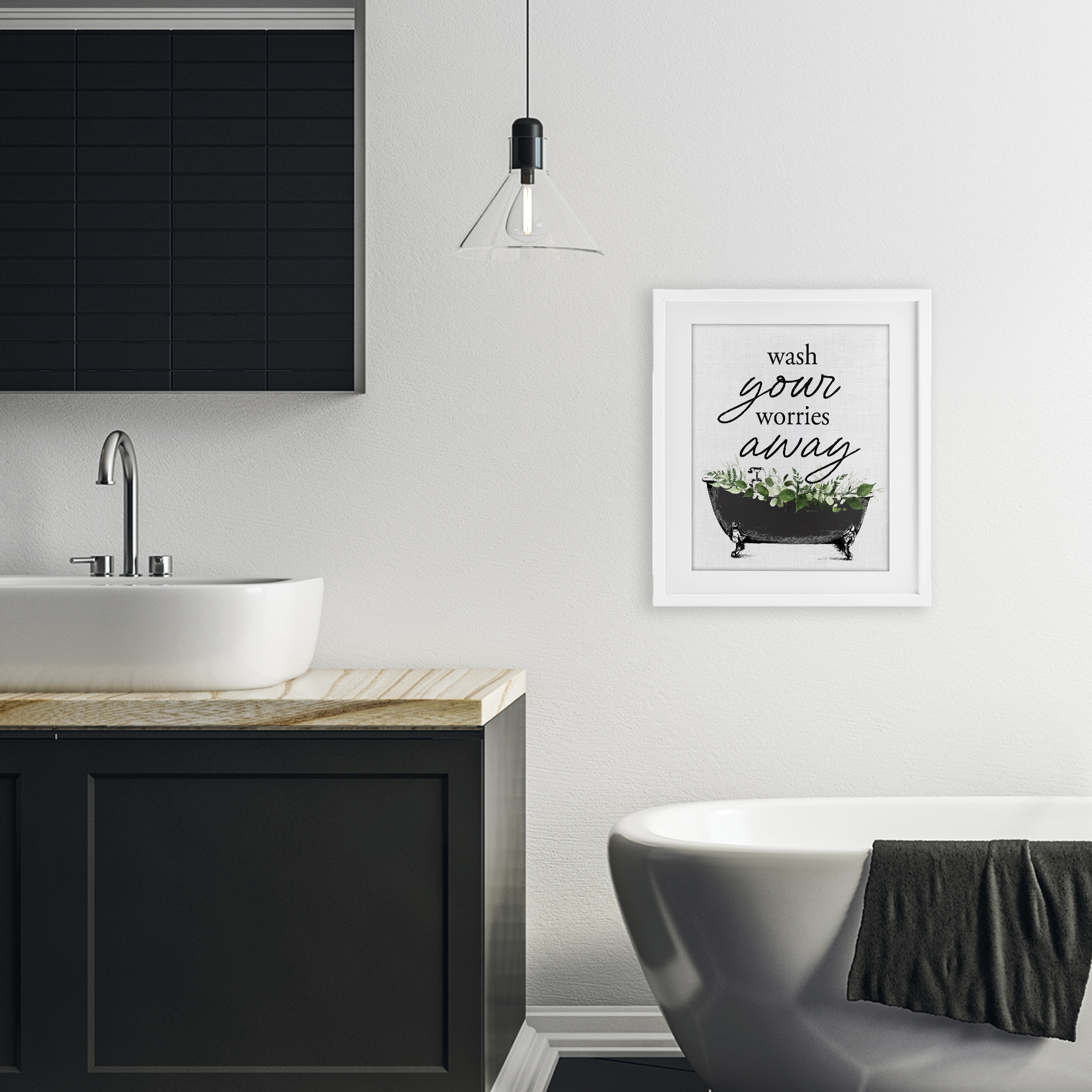 Wash Worries Away Herbs White Framed Print Under Glass, design by Lettered and Lined