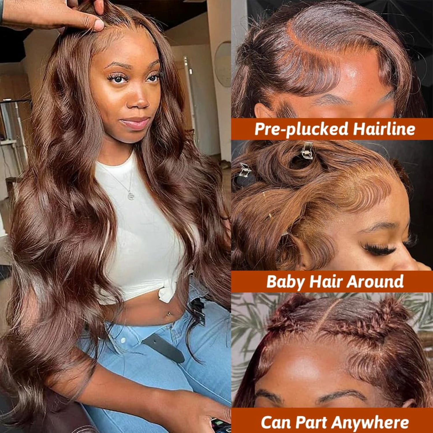 13*6 Inch HD Lace Closure 100% Human Hair Wig Body Wave Lace Front Wig 34" #4 Chocolate Brown Hair Heat Resistant Bleachable