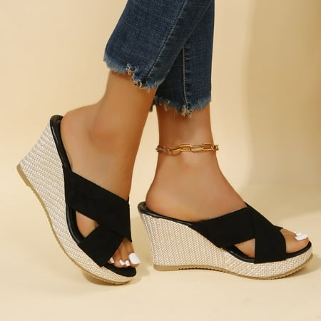 

Women‘s Wedge Slippers Summer Beach Shoes Thick Sole Crossoover Sandals