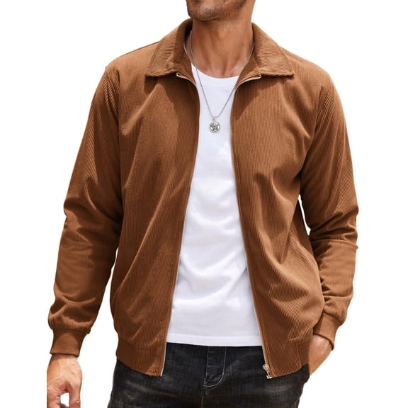 COOFANDY Mens Vintage Collared Jacket Corduroy Casual Jacket Tan Fashion Bomber Jacket with Pockets
