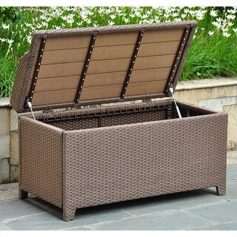 International Caravan Barcelona Resin Wicker/ Aluminum Storage Bench with Edge Lip International Caravan Barcelona Resin Wicker/ Aluminum Storage Bench with Edge Lip