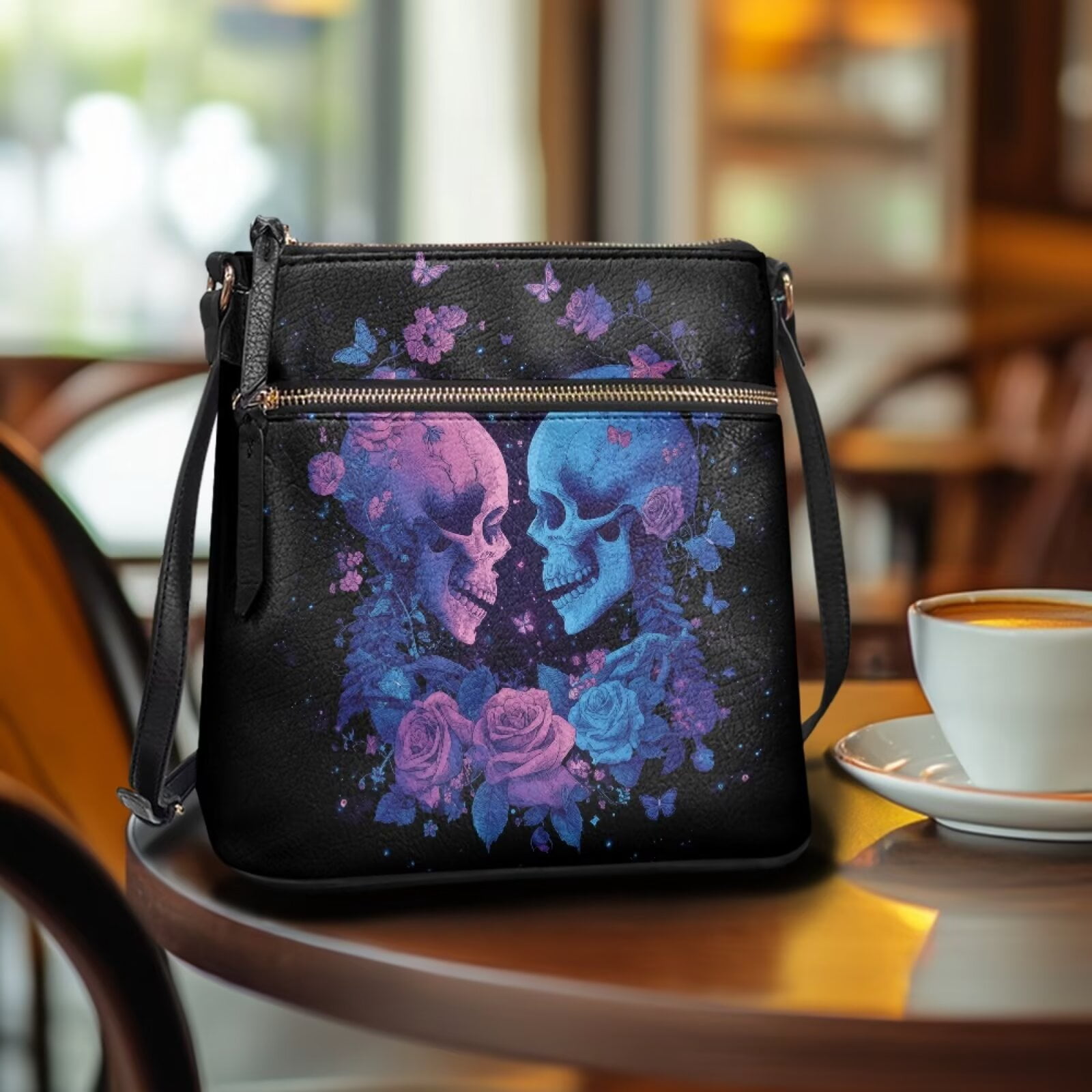 DISNIMO Skeleton Rose Print Crossbody Bag Purse for Women PU Leather Messenger Handbag with Adjustable Strap Stylish Shoulder Bag for Work Daily Use Shopping