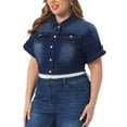 thumbnail image 4 of Agnes Orinda Plus Size Denim Jackets for Women Button Front Work Washed Rolled Sleeves Cropped Jean Jacket 3X Black Blue, 4 of 6