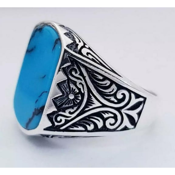Blue Turquoise Gemstone Ring, 925 Sterling Pure Silver Ring, Men's Ring, Natural Turquoise Stone Ring, Silver Band Ring, Personalized Gift,