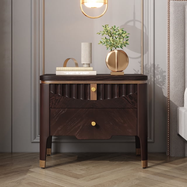 Noble House Table de Chevet Moderne avec 2 Tiroirs, Table de Chevet Design Vague avec Poignées en Métal, Brun Foncé