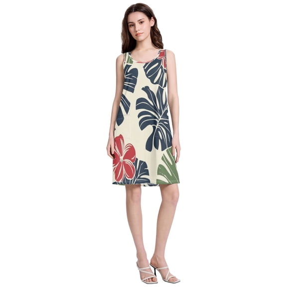 Women's Casual Sleeveless All Over Print Dress Loose A Line Flowy Dresses with Pockets Hawaiian Flower Cartoon S