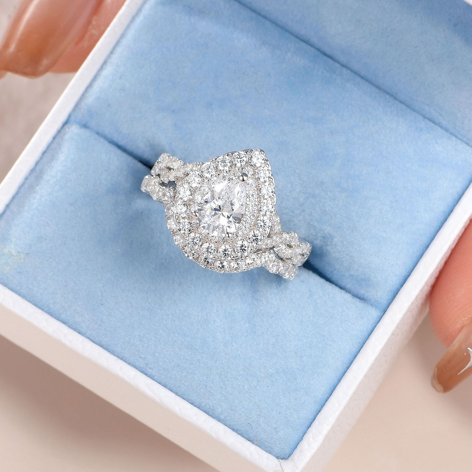 Bluebell Jewels Newshe Wedding Bridal Set Engagement Rings for Women Sterling Silver Pear Cut CZ