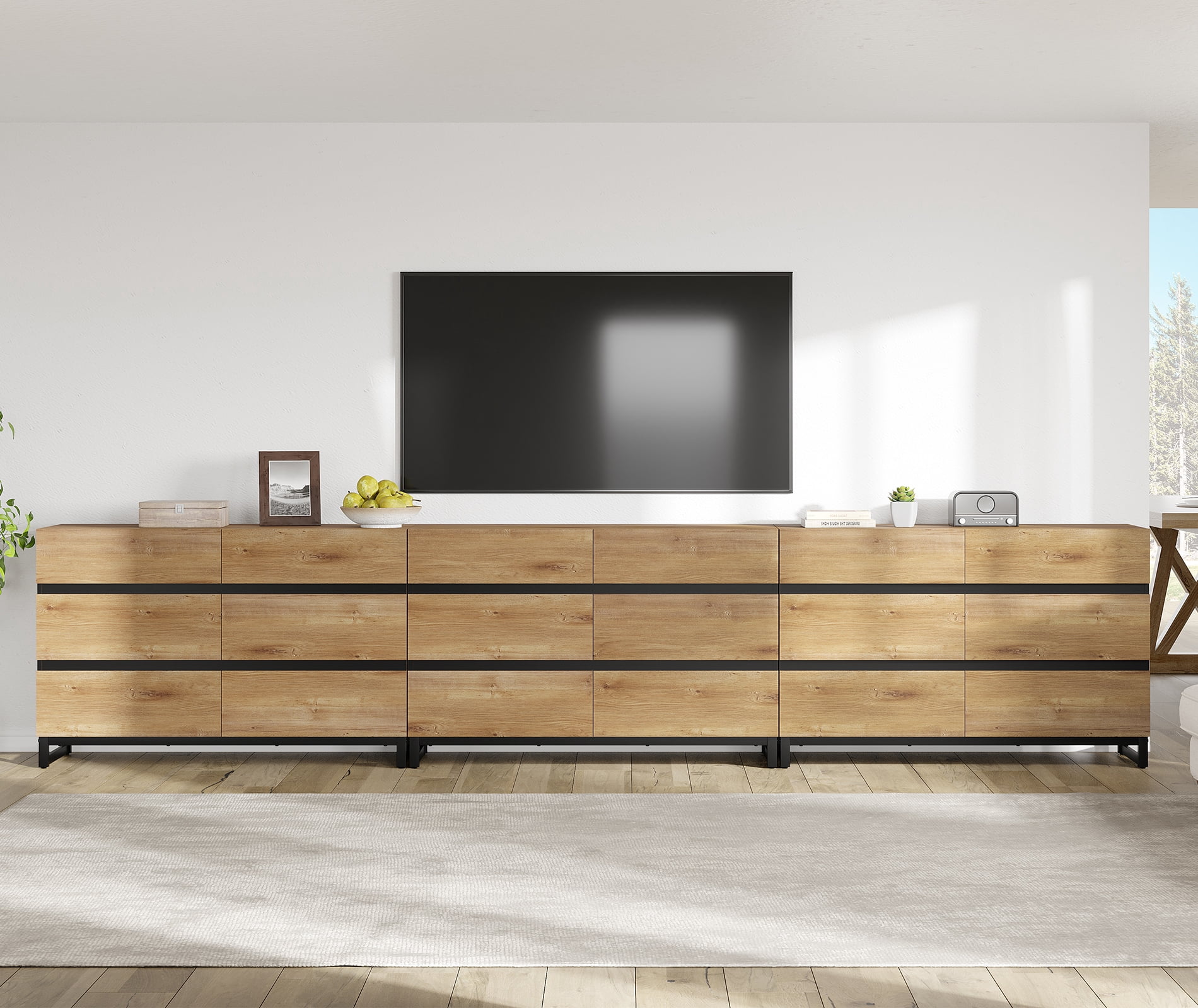Modern TV Stand with 18 Drawers and Sturdy Metal Base, Entertainment Center Media Console for Living Room and Bedroom, Fits TVs up to 120 Inch, Oak