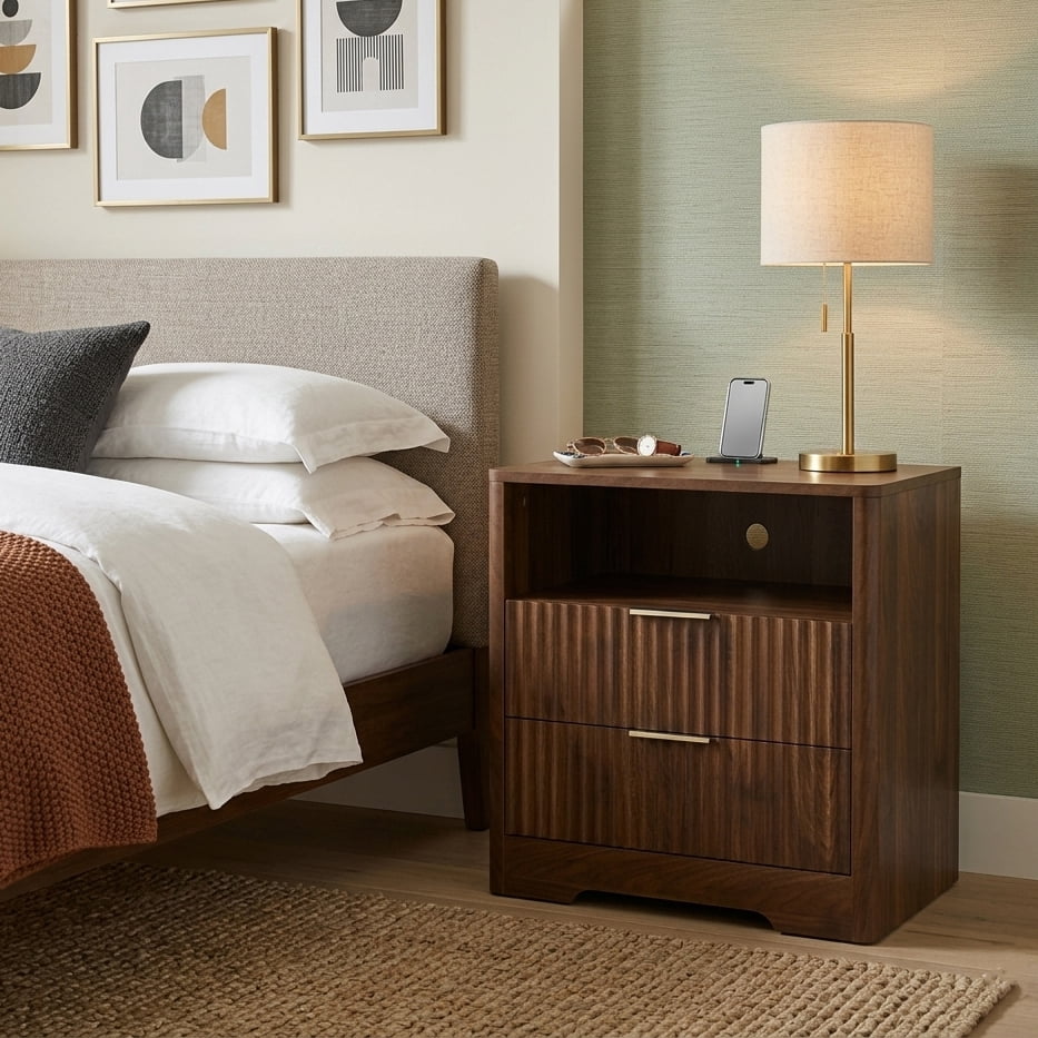 Aukfa Smart 2 Drawer Nightstand with Voice Control & Charging Station,7-Color LED Bedside Table for Bedroom,Walnut