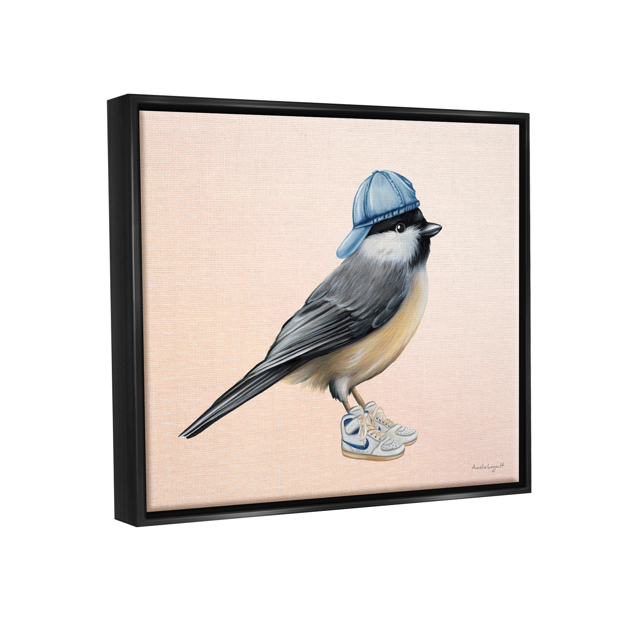 Stupell Industries Hip Chickadee Bird Backwards Hat Trendy Sneakers Graphic Art Jet Black Floating Framed Canvas Print Wall Art, Design by Amelie Legault