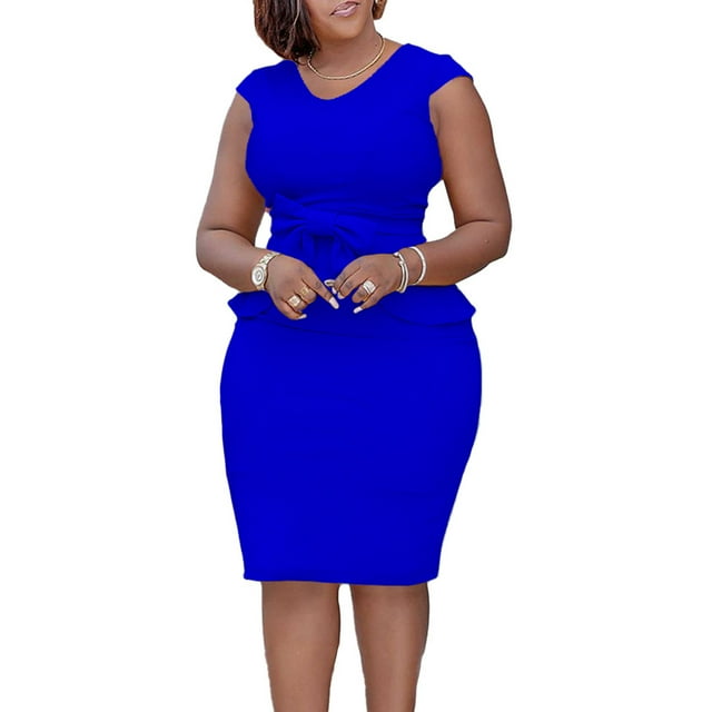 KIHOUT Robes d'Été pour Femmes 2024, Mode Dames Couleur Unie Col Rond Manches Courtes à la Cheville Taille Haute Robe Jupe Bleu 2TG