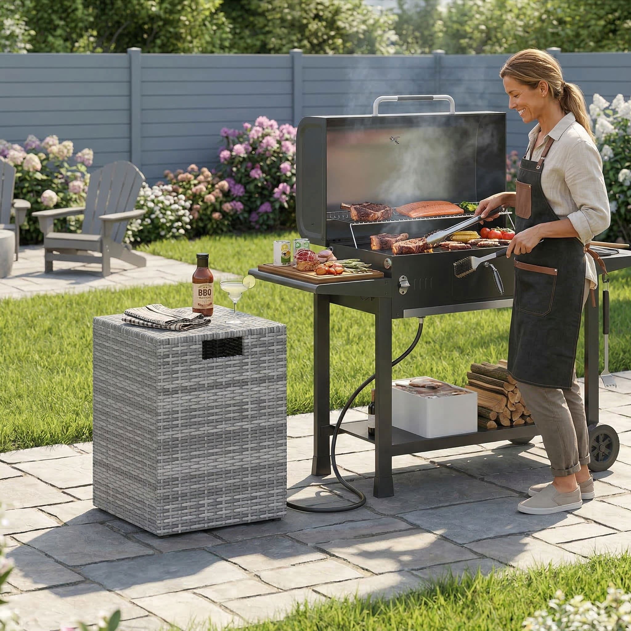 Resenkos Weather Resistant PE Rattan Propane Tank Cover, Multiuse Patio Side Table and Gas Tank Hideaway for Garden and Balcony, Gray