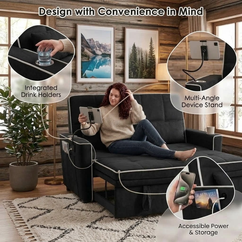 Howcool 54" Convertible Sleeper Sofa Bed, Pull Out Loveseat Couch with USB Port, Phone Holder & Cup Holder, Adjustable Backrest, Velvet Sofa for Living Room, Apartment, Black
