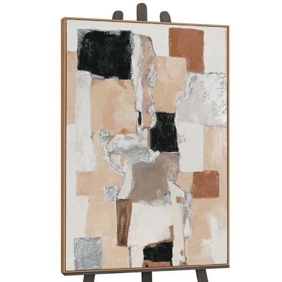 YS-Art Lines and Shapes Abstract Canvas Art Hand-Painted Modern Wall Decor with Wood Frame for Living Room or Office, 48x32 in