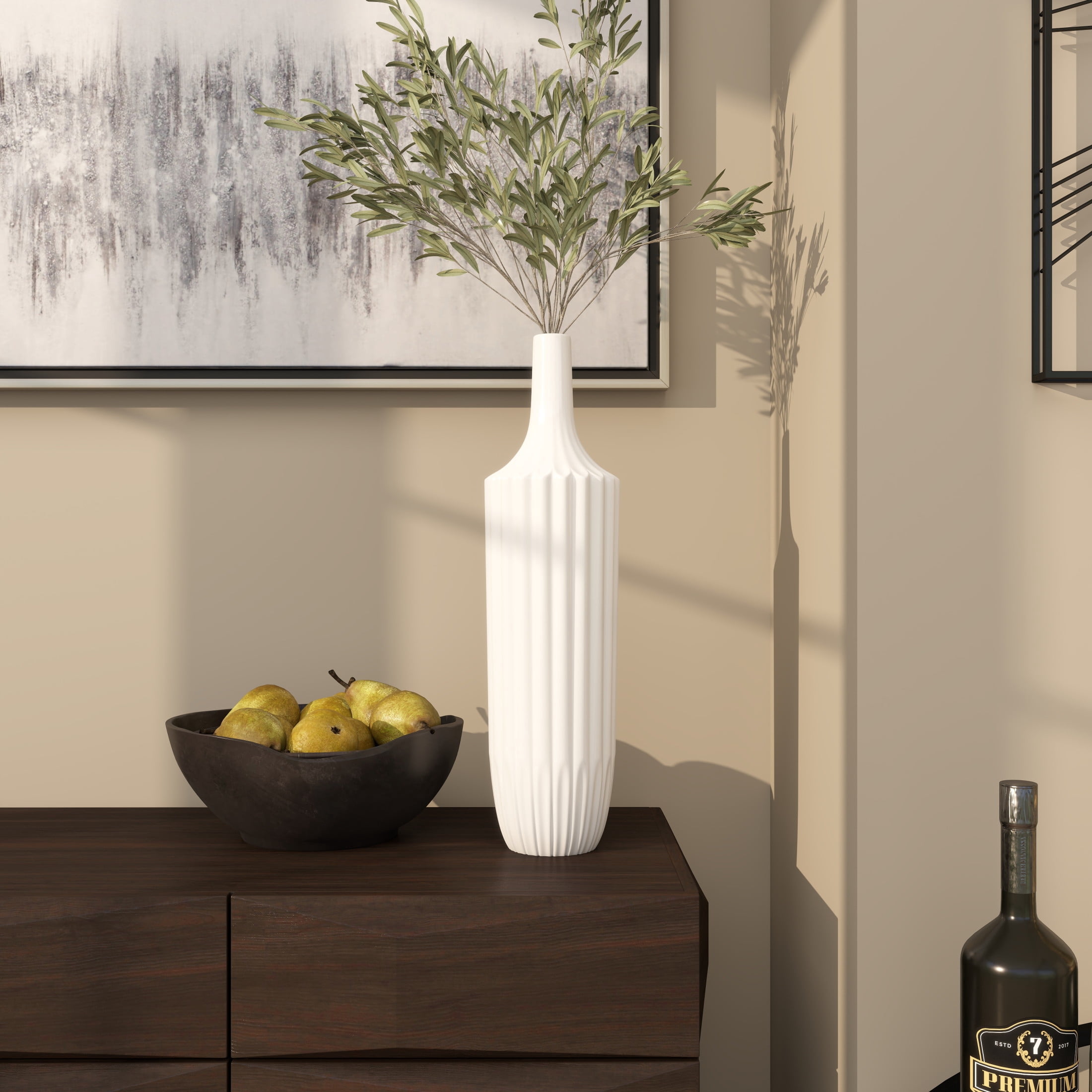 DecMode Modern Ceramic Tall White Decorative Vase with Vertical Groove Pattern 5"W x 19"H
