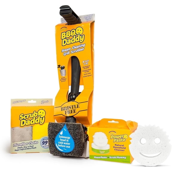 Household Cleaning + BBQ Bundle - Daddy Bristle Free Grill Brush 2 Microfiber Towels All Purpose Cleaner PowerPaste Paste Scrub Mommy Sponge