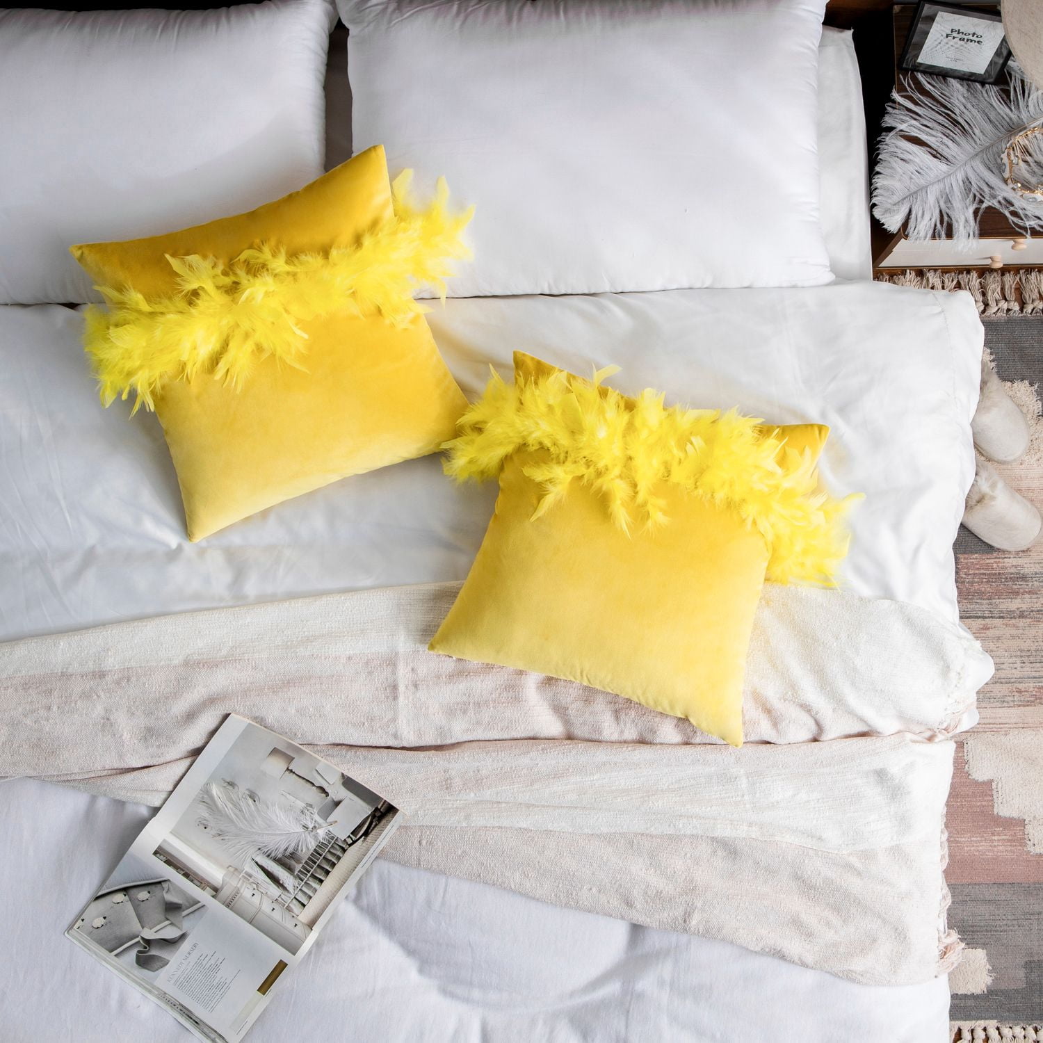 Phantoscope Feather Velvet Decorative Throw Pillows, 18 x 18 in, Yellow, 2 Pack